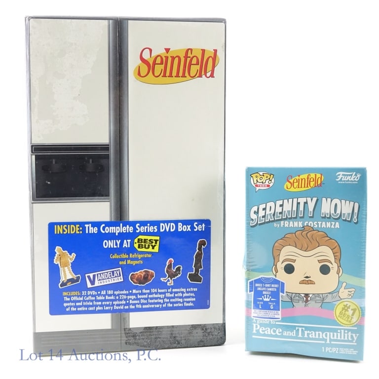 Seinfeld DVD Box Set & Funko Tee: The sealed DVD box set includes all 180 Seinfeld episodes, magnets, a collectible refrigerator, coffee table book, "104 hours of amazing hours and more. The T - Shirt comes in a Funko box that is seal