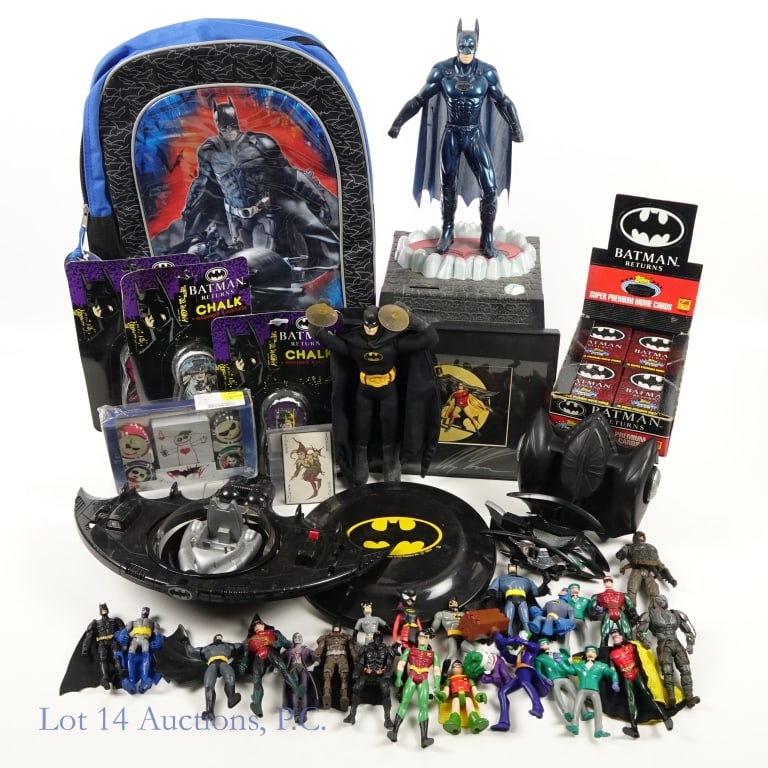 Batman NIB Cards, Ephemera (30+): Batman NIB Cards, Ephemera (30+). Some NIB items included: Batman Returns Topps Stadium box with 32 unopened packs of 15 cards (480 cards); The Joker Set playing cards and poker chips; Complete set of