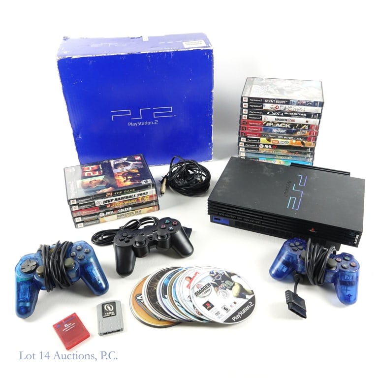PlayStation 2 Console, Accessories, Games (33): The PlayStation 2 gaming console is out of the box but the box is included along with the instruction manual. There are 3 controllers (1 black, 2 blue transparent). Also includes 2 cords that go with 