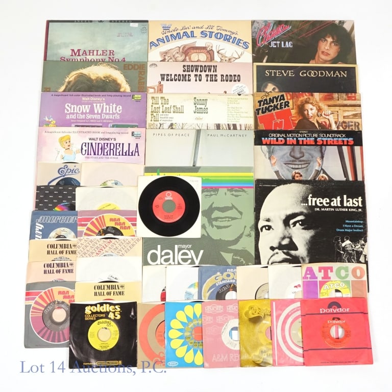 Vinyl Records, Asst. Genres (+40): Vinyl Records, Asst. Genres (+40). Large assortment of albums and 7"s from various genres. Examples: Martin Luther King, Free at Last - Gordy 929; Mayor Daley on the Record, shrinkwrapped; Wild in the