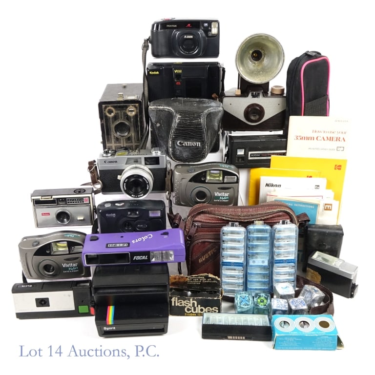 Cameras, N50, Ricoh, Fujica, Olympus, Accessories: Cameras, N50, Ricoh, Fujica, Olympus, Accessories. Mixed lot of cameras and accessories. Items include: Fujica ST605N, Takumar 1:1.8 / 55 lens; Ricoh KR-30SP, Sigma zoom 28~70mm lens; Nikon N50; Olymp