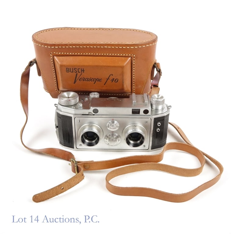 Busch Verascope F40 Camera in Original Case: Busch Verascope F40 35mm viewfinder stereo camera, circa 1938-1950s, made in Paris, designed by Jules Richard, 135 cartridge film, Berthiot 1:3:5/40 mm lenses, dimensions: 168 x 80 x 56 mm, mechanical