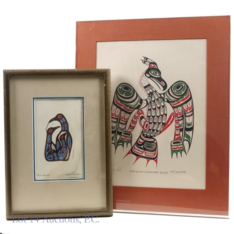 Tony Hunt & Norval Morrisseau Signed Prints (2): Two framed prints (corrected 4/28, 2pm) including: 1-"Kwa-Giulth", 1981, cormorant designed print by Canadian artist Tony Hunt (1942-2017), known for KwaGulth style paintings and carved totem poles, s
