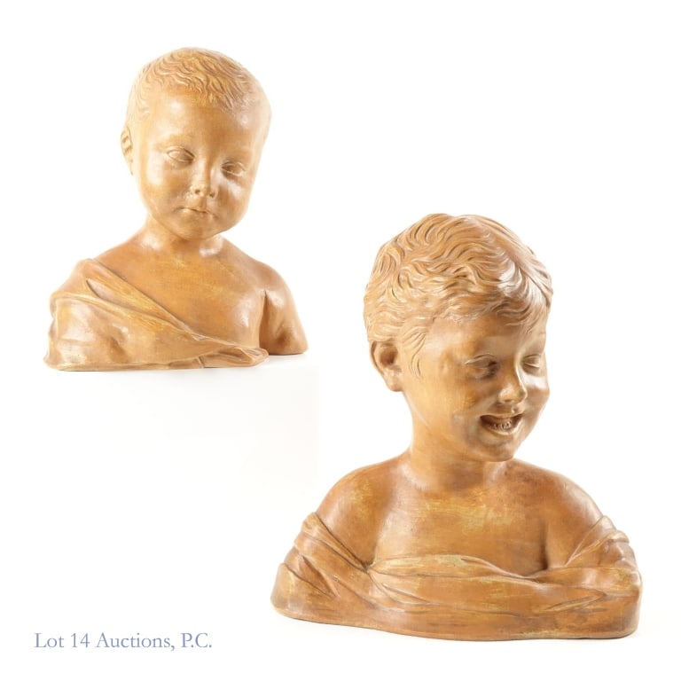 Cantagalli Red Ceramic Children's Busts: Pair of red ceramic busts of children. Inside of busts is marked "Cantagalli Firenze (Italy)". Inside the smaller bust is a mark which appears to be an amalgamation of "P" and "L". Approximately 10.75
