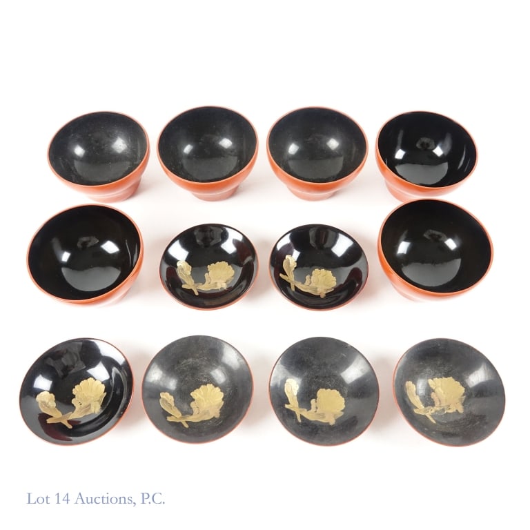 Miso Soup Bowls - Gump's ? (6): Set of 6 Miso soup bowls - appear to be plastic with orange to orange-red color outside with black inside. Bowls are approximately 2.5" tall with a diameter of approximately 4". They are accompanied b