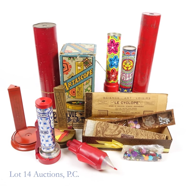 Vintage Kaleidoscope Collection (9): 9 vintage kaleidoscopes: 1-1960s Space Orb Eye in the Sky kaleidoscope. 2-Artascope metal kaleidoscope by Arttop Specialties of Rochester NY, approximately 9" tall and 4.5" in diameter of base, with o