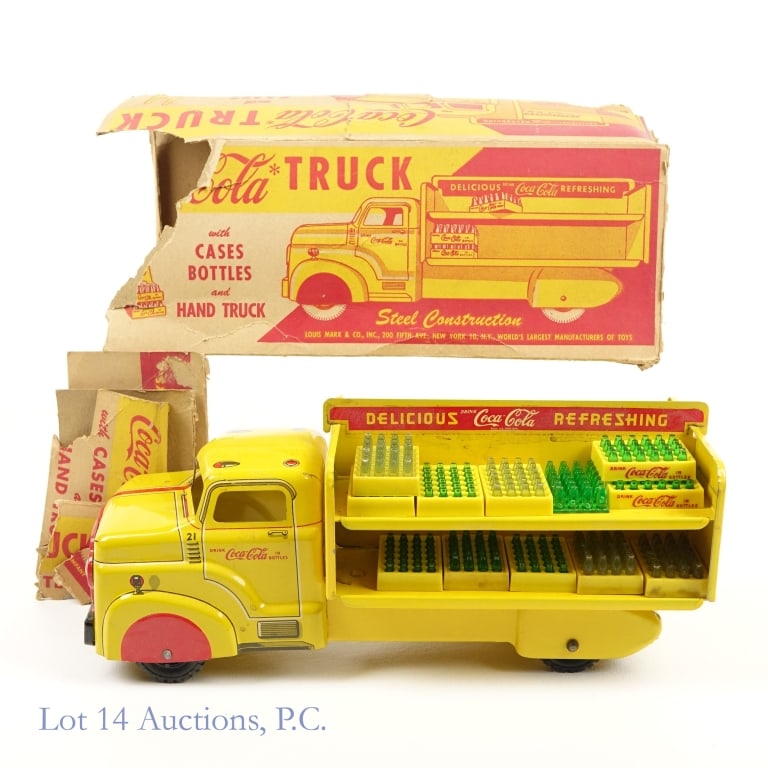 1950's Marx Coca-Cola Truck 21 w/ Box: 1950's Marx Coca-Cola Truck 21 w/ Box. 13" x 5" x 5" Marx Toys Coca-Truck #21 with (13) cases, (14) bottles, hand truck and original box circa 1950's. Box is heavily damaged. Toy is in working conditi