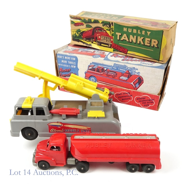 Ideal Rocket Launching Truck, Hubley Tanker (2): Ideal Rocket Launching Truck, Hubley Tanker (2). Mid Century toys in original boxes. Ideal Rocket Launching Truck -12" x 5" x 5"; launcher raises, cocks, fires and lowers; One rocket included; Ammo co