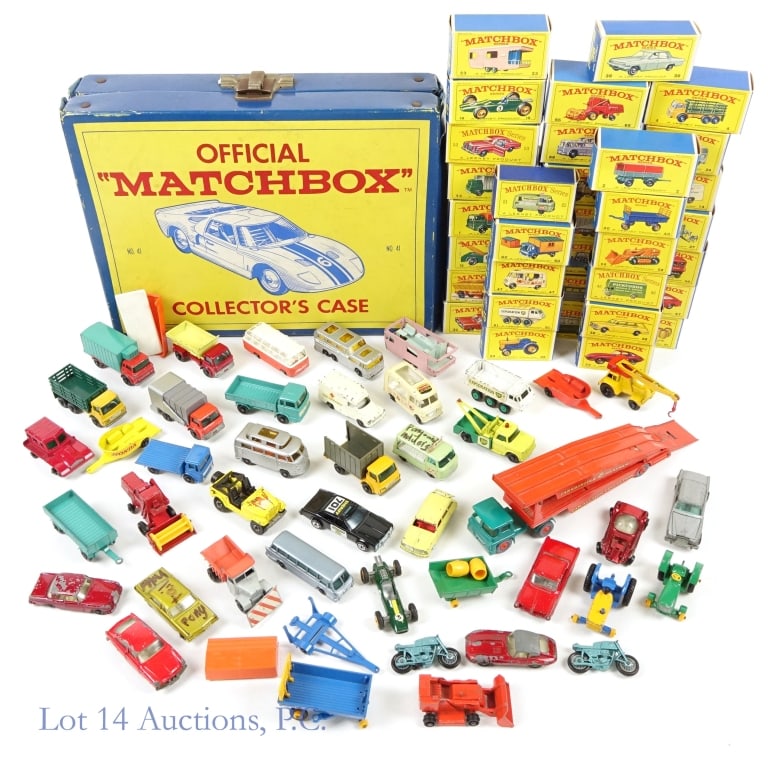 1966 Matchbox Die Cast Cars & Collector's Case: 1966 Vintage Matchbox Collector's Case w/ Cars. Vintage 1966 Official Matchbox Collector's Case No. 41, case filled with 20+ vintage Lesney Matchbox and Hot Wheels cars including: 1-1969 Redline Hot W