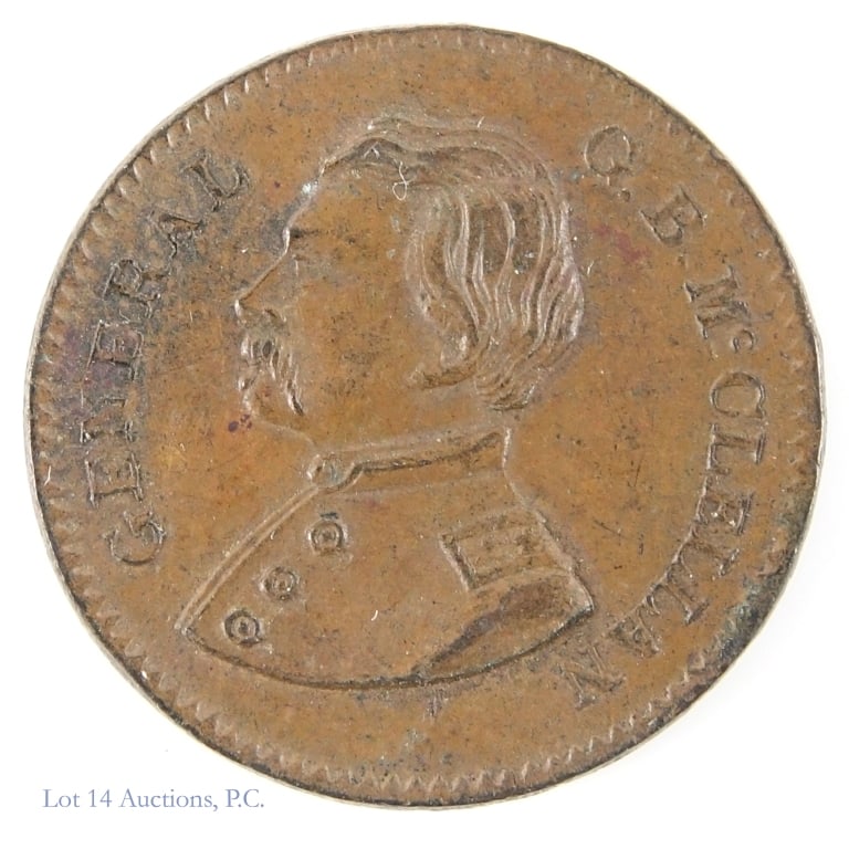 Gen. McClellan - Knickerbocker Civil War Token: (N/D) 1860s copper Gen. G. B. McClellan - Knickerbocker Civil War Token. F-138/255a Per consigner, grades XF+ *** Lot 14 Auctions is not a professional numismatic grading agency. Consigner description