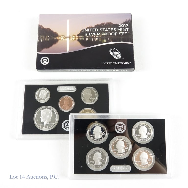 2017-S US Mint 90%-Silver 10-Coin Proof Set in OGP: 2017-S United States silver 10-coin proof set (San Francisco Mint) in OGP. The Kennedy 50 cent, Washington 25 cent, and Roosevelt dime coins' metal is 90% silver (ASW = 1.3 troy ounces). MINTAGE 358,0