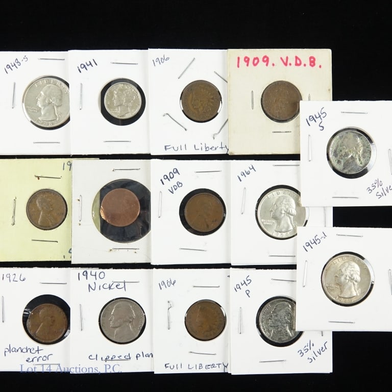 Various USA Silver, Nickel & Copper Coins (14): Fourteen (14) various United States error, silver, nickel and copper coins as follows: ---n/d Lincoln memorial cent planchet with extreme off center strike (has partial reverse edge letters "nit" from