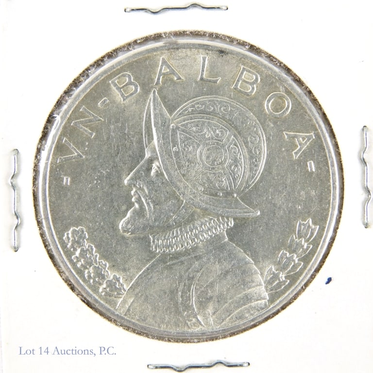 1934 Panama Silver One Balboa Coin (GEM BU): 1934 Republic of Panama silver one Balboa bullion coin (San Francisco Mint). Per consigner, grades GEM BU. Obverse designer Roberto Lewis, reverse William Clark Noble. Metal is 90% silver, weighs 26.7