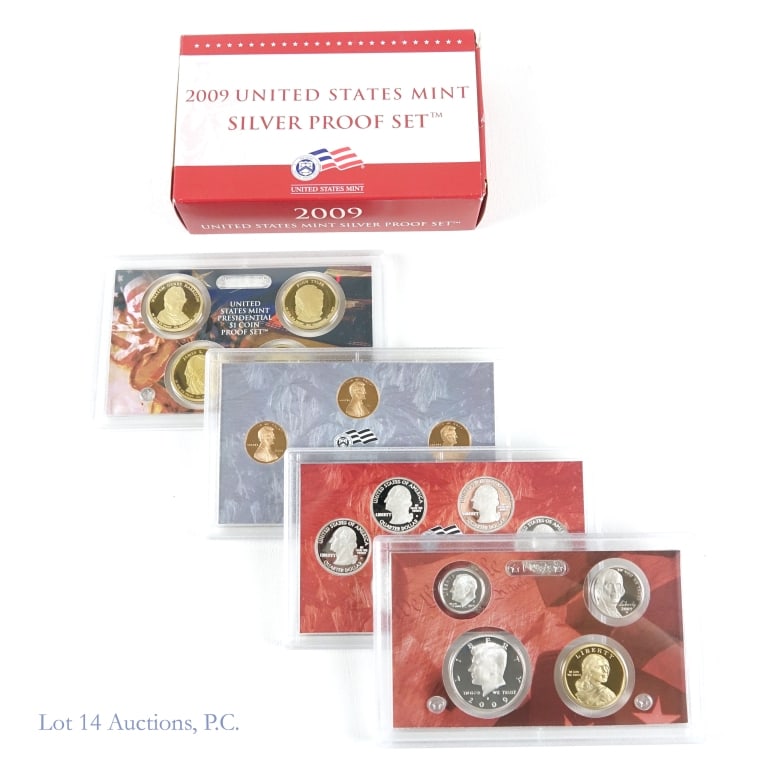 2009-S US Mint 90%-Silver 18-Coin Proof Set in OGP: 2009-S United States silver 18-coin proof set (San Francisco Mint) in OGP. The Kennedy 50 cent, Washington 25 cent, and Roosevelt dime coins' metal is 90% silver (ASW = 1.5 troy ounces). Mintage is 69