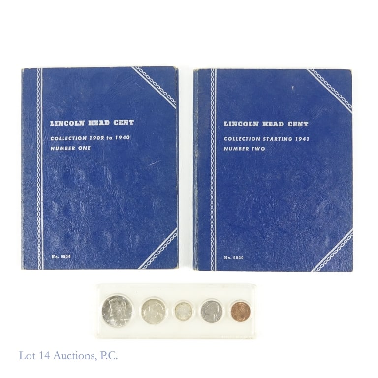 1964 (P) Silver Mint Set & Lincoln Cents (88): Eighty-eight (88) United States silver, nickel and copper coins as follows: ---1909-1940 Lincoln wheat cents collection in blue Whitman album number one (32 wheat cents); ---1941+ Lincoln wheat and me