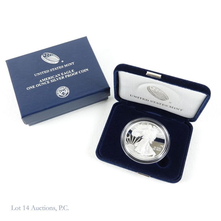 2020-W American Silver Eagle Proof $1 in OGP: 2020-W American silver eagle proof bullion dollar (West Point) in OGP. Designer Adolph A. Weinman. Reverse John Mercanti. Metal is 99.9% silver, weighs 31.072 grams (ASW 1.0 ozt.), diameter 40.6 mm, a