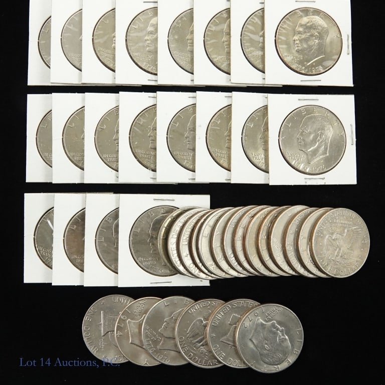 USA Clad Eisenhower Dollars Rolls (40): Forty (40) United States clad Eisenhower dollars (Philadelphia, Denver Mints). Designer is Frank Gasparro. Per consigner, grades in XF-BU as follows: ---mixed date Ike roll (20); ---1976-D Ike's in 2x