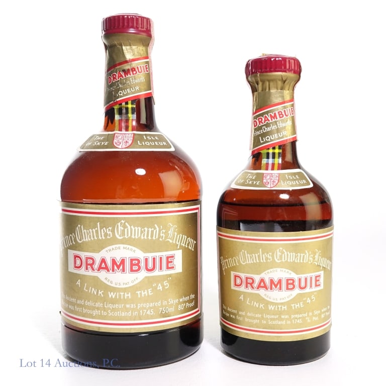 Drambuie Liqueur (2): There are two (2) bottles total in this lot. 1-Drambuie Prince Charles Edward's Liqueur. 80 Proof. 750 ml. Series 112 tax strip is intact. High shoulder fill. 1-Drambuie Prince Charles Edward's Liqueu
