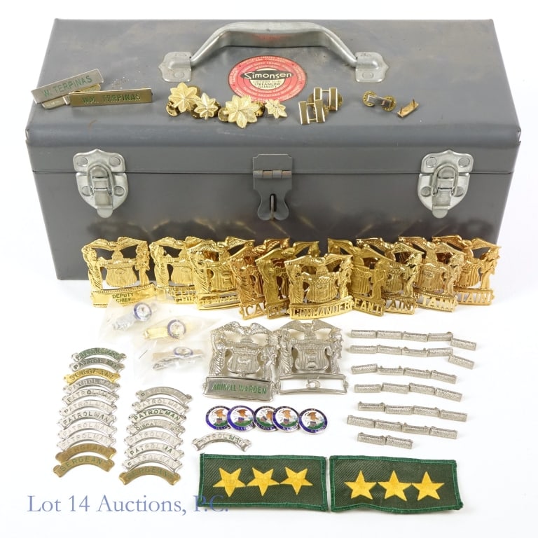Police Hat Badges, Pins and Related Ephemera: Police Hat Badges, Pins and Related Ephemera. Collection of hat badges, pins, patches and other items relating to police and familiar company. Upon perusal, there are at least 10 hat badges and over 3