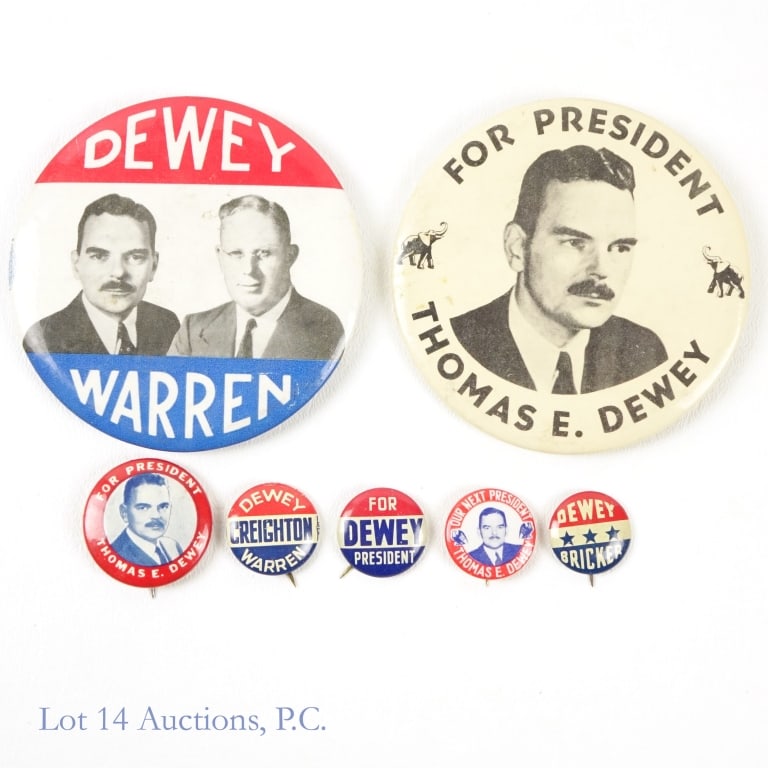 1944 & 1948 USA Thomas E. Dewey Political Items -7: Seven (7) United States Thomas E. Dewey presidential campaign political items as follows: ---3.5 inch rwb Dewey - Warren button with b/w candidates photos; ---3.5 inch b/y Thomas E. Dewey for Presiden
