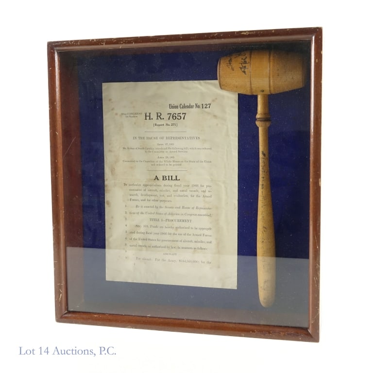 Speaker Signed U.S. House of Rep. Gavel Display: Originally from the estate of Congressman Dan Rostenkowski: Shadowbox display featuring a wooden gavel (approximately 13" x 4.25"). Gavel is glued onto the backing, but the top of the gavel is signed: