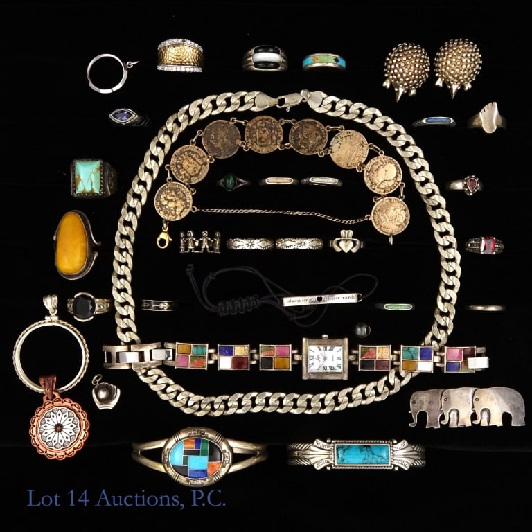 Sterling Silver Rings, Watch, etc. (8.66 ozt): Sterling Silver Rings, Watch, etc. (8.66 ozt). Lot of Sterling Silver jewelry includes Aria Watch, coin bracelet, numerous rings, earrings and more. Total Weight - 10.42 ozt. Wear and tear consistent 