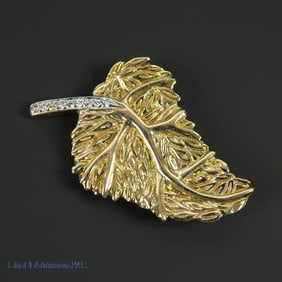 14K Y Gold & Diamond Leaf Brooch