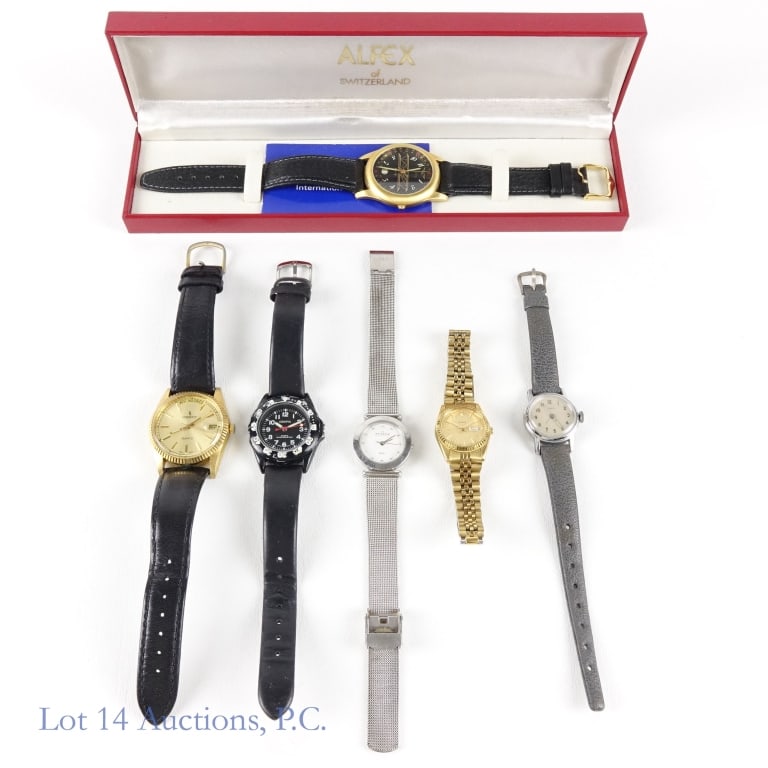 Alex of Switzerland & Other Watches: Alex of Switzerland gold tone biplane date wrist watch - in original box. 37.4 mm diameter. Lug length: 46 mm. Lug width: 19.6 mm. Thickness: 7mm. Small scratches on back. ***** Seiko gold toned day &