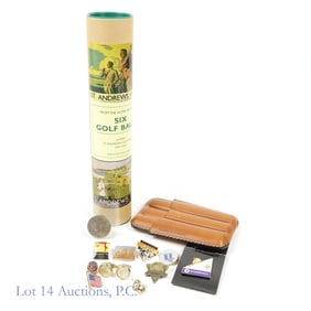 St Andrews Golf Balls, Leather Cigar Case & Pins