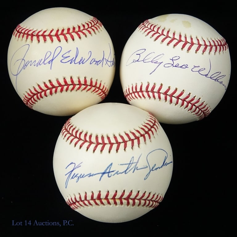 Santo Jenkins Williams Full Name Signed Baseballs: Three baseballs each one signed by three Hall of Fame members with their full name. Included is an Official Major League (Selig) baseball signed by Fergie Arthur Jenkins across the sweet spot. This ba