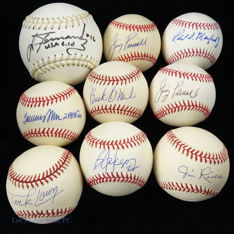 9 Signed Baseballs Bo Jackson Tommy John & More: Another interesting collection of signed baseballs. Let's open with a 12 inch softball signed by Lisa Fernandez and inscribed "USA Gold". Now lets add the following signed balls: Robert Manfred Jr sig