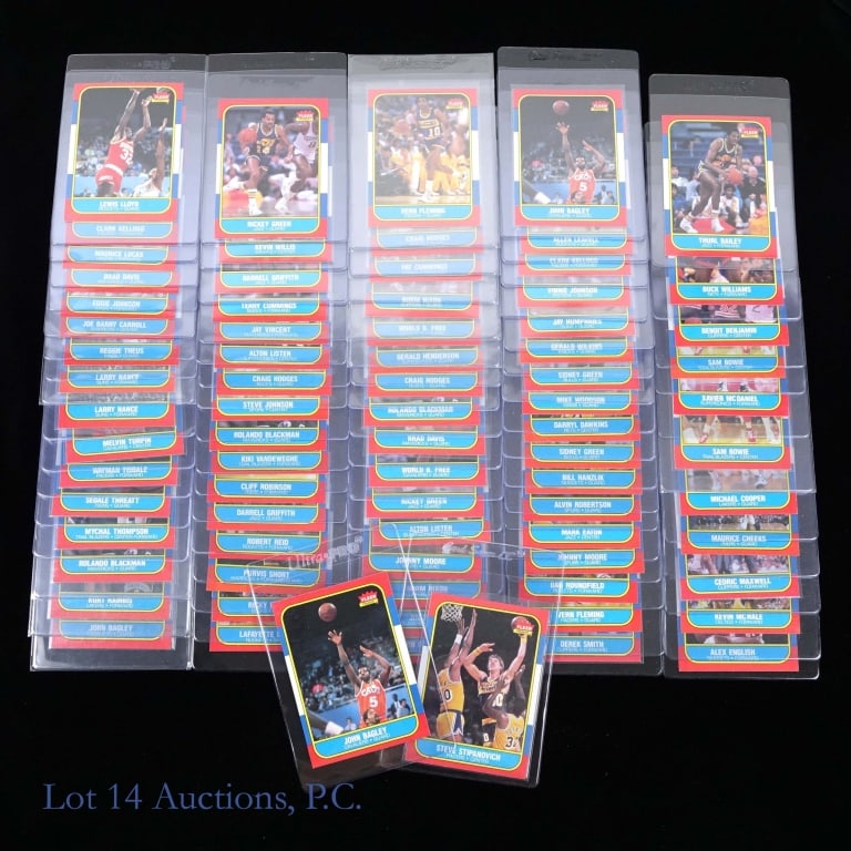 1986-87 Fleer Basketball Cards (78): 78 Fleer basketball cards from the 1986-87 season. All cards are in semi-rigid card holders and look to be in above average condition. This lot is a mix of semi-stars and commons with some rookie card