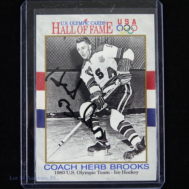 1980 Olympic Team Herb Brooks Signed Card: 1991 Impel Marketing 1980 US Olympic Hockey Team card #72 signed by Coach Herb Brooks. The card appears to be in above average condition and the signature has not been authenticated.