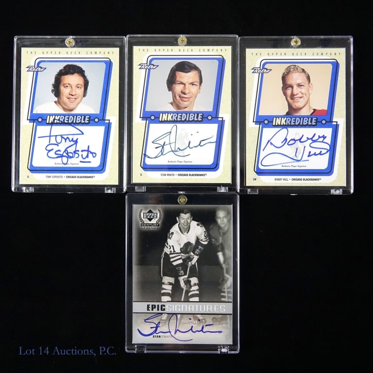 Blackhawks Mikita Hull & Esposito Signed Cards (4): 4 beautiful cards signed by former Blackhawk players in the NHL HOF. There are three Inkredible cards with one each signed by Bobby Hull, Stan Mikita, and Tony Esposito. There is also an Upper Deck Ce