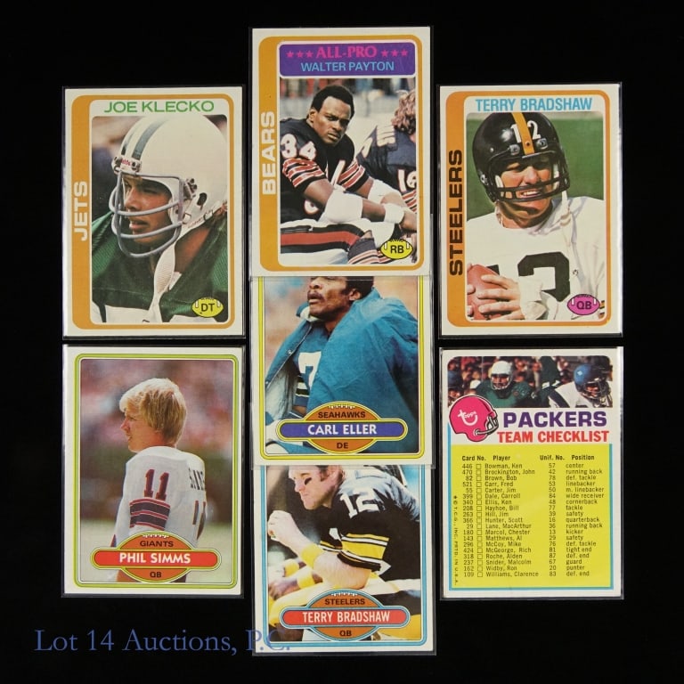 Vintage Football Cards (Payton, Bradshaw, More): Seven vintage football cards: 1978 Topps #200 Walter Payton ** 1978 Topps $65 Terry Bradshaw ** 1973 Topps NN Green Bay Packers team checklist (corners busted, but clean) ** 1980 Topps #200 Terry Brad