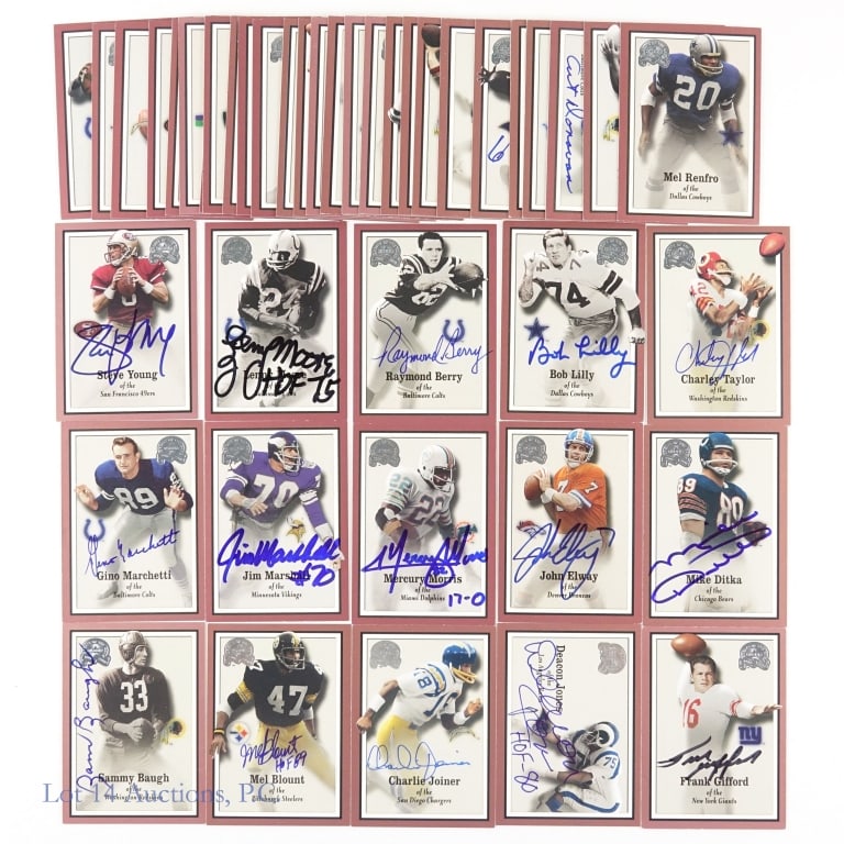2000 Fleer Greats Game Football Cards (Signed): 42 cards from the 2000 Fleer Greats of the Game football card set. Many of the cards are signed: Art Donovan, Bob Lilly, Raymond Berry, Lenny Moore, Steve Young, Gino Marchetti, Jim Marshall, Mercury