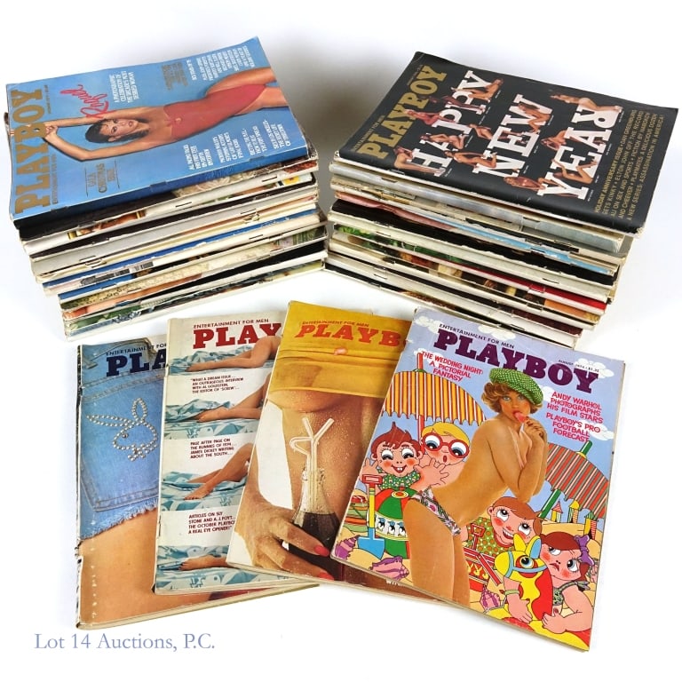 Playboy Magazines, Early 70's, ADULT ONLY (+35): Playboy Magazines, Early 70's, ADULT ONLY (+35). MATURE CONTENT collection of over 35 Playboy magazines celebrating the 70's. All items include CF's, some not attached. Varying wear and tear, so see p