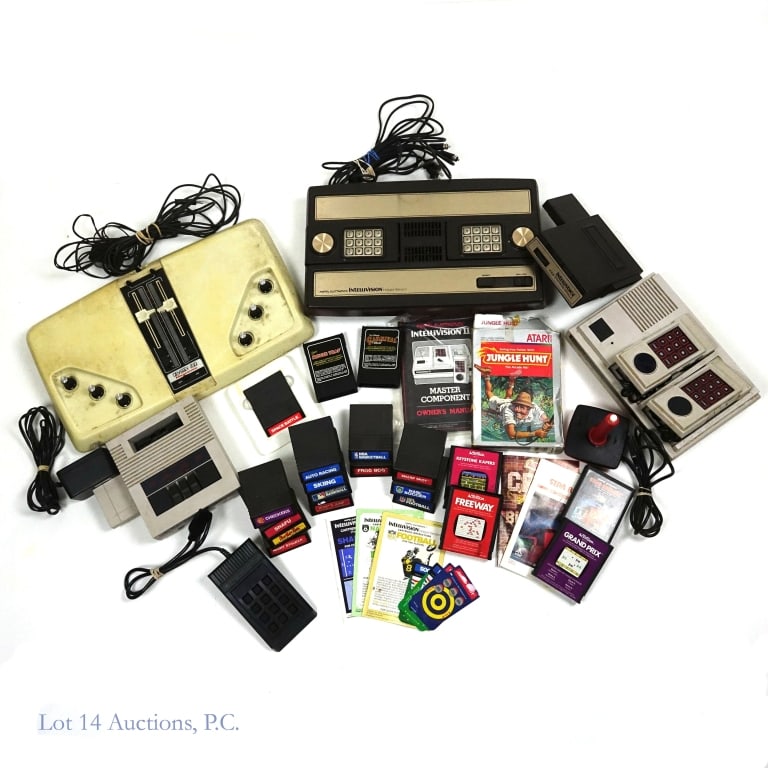 Vintage Consoles and Video Games (+25): Vintage consoles and video games (+25). Collection of gaming consoles and video games from the late 70's through the early 80's. Intellivision console with Intellivoice Voice Synthesis Module. Intelli