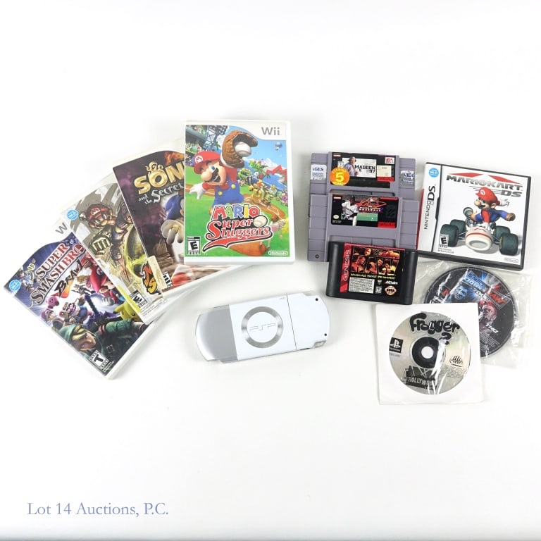PSP & Video Games for Various Game Systems (11): PSP and Assorted Games For Assorted Systems (11). Lot includes: PSP hand held gaming system; Wii- Mario Super Sluggers, Sonic and the Secret Rings, Mario Strikers Charged and Super Smash Bros. Brawl; 