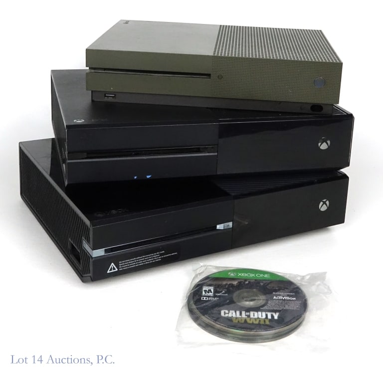 XBox and XBox One Consoles (3): XBox and XBox One Consoles (3). Two (2) XBox consoles and one (1) XBox One console. Also included are five (5) loose XBox games. Items not tested and are sole As Is. Some scuffing and superficial dama
