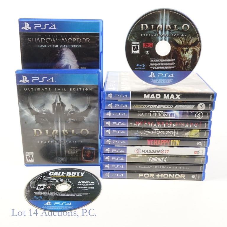 PS4 Games, Diablo, Shadow of Mordor etc (14): PS4 Games, Diablo, Shadow of Mordor etc (14). Collection of Playstation 4 games. Meatal Gear Solid V, Horizon Zero Dawn, We Happy Few, Madden 17, Fallout 4, Elder Scrolls V Skyrim Special Edition, For