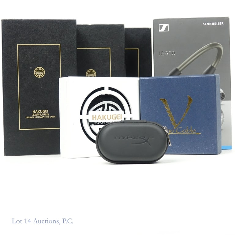 Hakugei Cables, HyperX Cloud Earbuds etc. (7): Hakugei Cables, HyperX Cloud Earbuds etc. (7). Collection of in ear accoutrement. Four (4) Hakugei upgrade hi-fi earphone cables with varying connections. HyperX Cloud earbuds, possibly new. Sennheise
