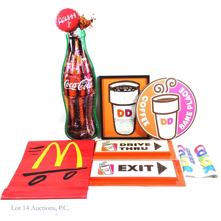 Dunkin Donuts, McDonalds, Game Boy Signage (7) (LOCAL / 3RD PARTY SHIP): Dunkin Donuts, McDonalds, Game Boy Signage (7). LOCAL OR THIRD PARTY PICK UP ONLY. Lot of signage and art from and featuring Coca-Cola, McDonalds, Game Boy and McDonalds. Largest - 47" x 13", Smallest