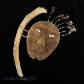 Inuit Whalebone Spirit Mask w/ Feathers, 14" x 10"