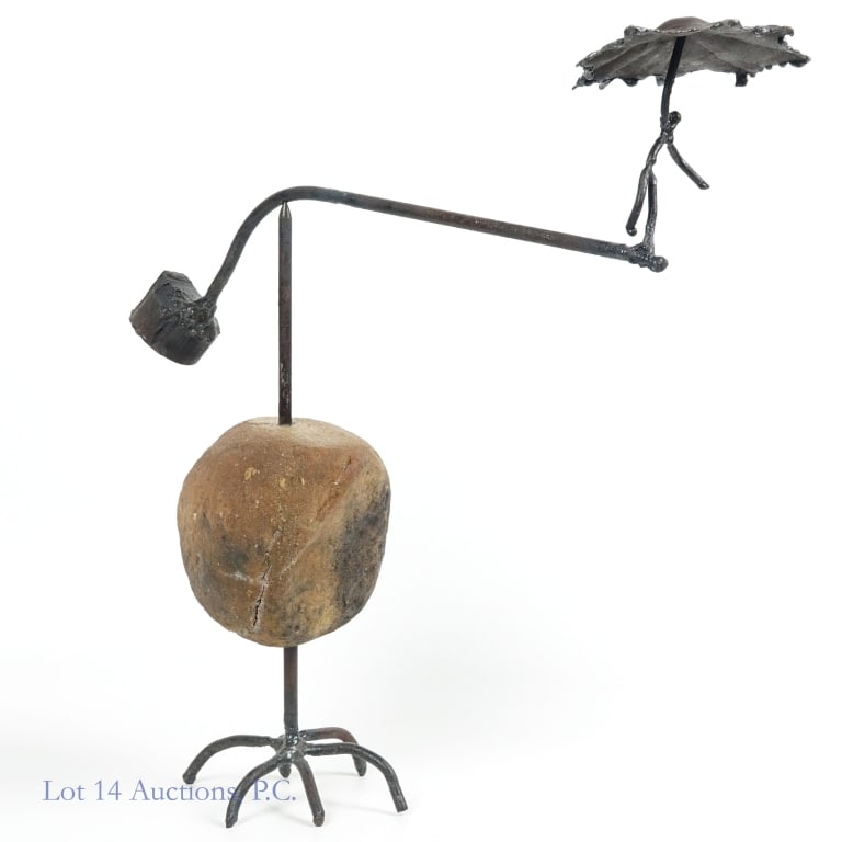 Brutalist Kinetic Sculpture, Tightrope Walker: Brutalist Kinetic Sculpture, Tightrope Walker. 19" x 16" x 5" Brutalist kinetic sculpture of iron and rock featuring a tightrope walker with an umbrella. 8lbs, 8 oz. Three pieces are made to create th