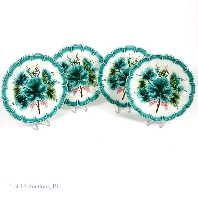 Set of Majolica Sarreguemines Plates (4): Set of Majolica Sarreguemines Plates (4). Set of (4) four early 20th c. French Majolica Sarreguemines plates. 7.75" d. Some dirt, debris, light wear and tear apparent. See photos for more details on c