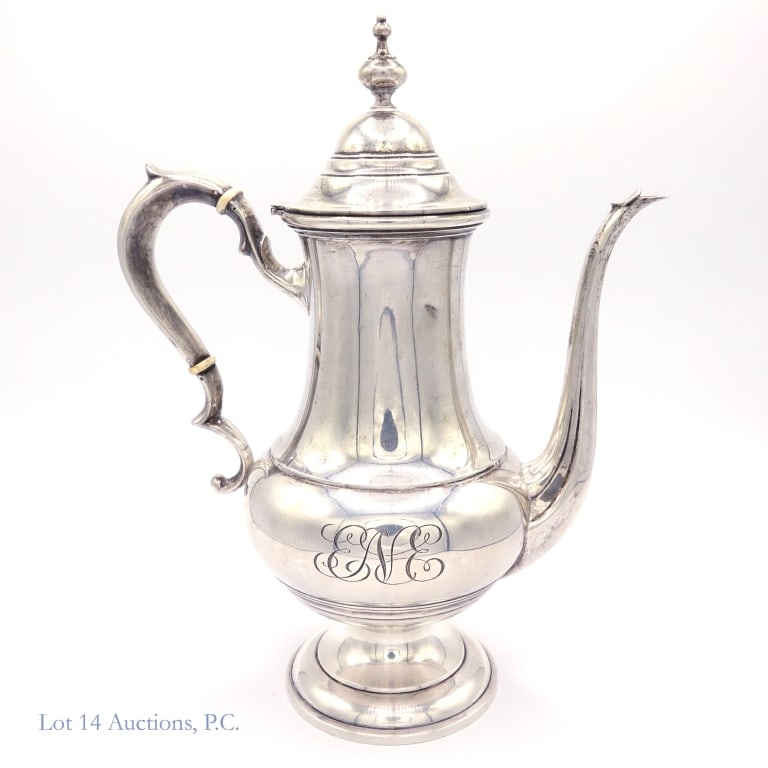 Sterling Silver Black Star & Gorham Teapot: Black Star & Gorham sterling silver teapot. #2539. Marked "1-1/2 TS 2". Stamped "Sterling" and measures electronically as sterling silver. Approximately 9.75" tall. Weight: 480.8 grams. Engraved "ENE"