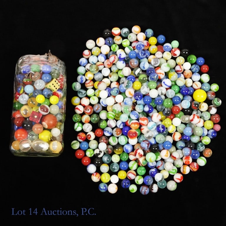 Lot o' Marbles, Creative Creations (+3.5 lbs): Lot o' Marbles, Creative Creations (+3.5 lbs). Collection marbles weighing over 3.5 lbs. as well as a separate jar with marbles, dice and other items including a few Creative Creations plastic marbles