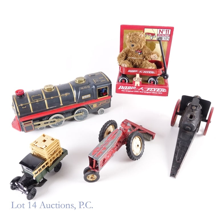 5 Tin And Die Cast Toys With Big Bang Canon: Collection of five tin and die cast toys. Included is a Vintagecast die cast 1927 Ford Model TT New Jersey Bell Telephone Company cherry picker construction truck. There is a platform on the back of t