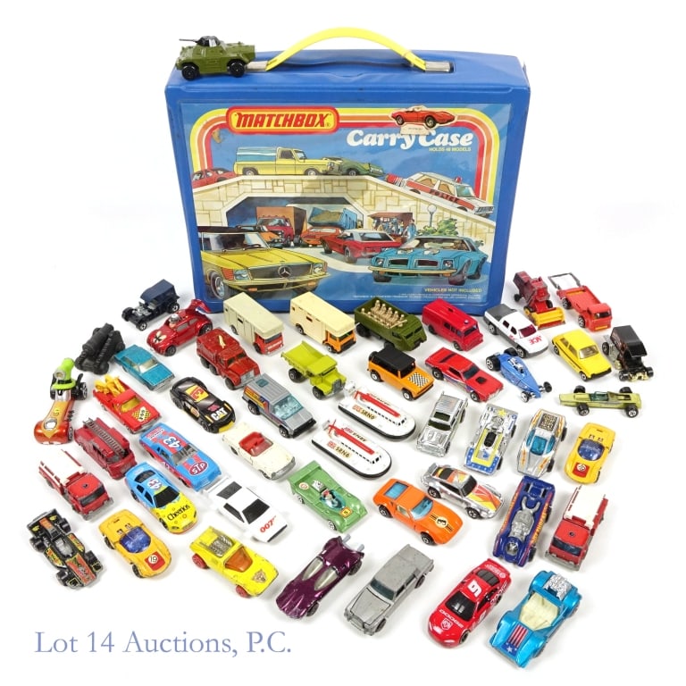 Die Cast Cars, Case, Including 2 Redline (35+): Die Cast Cars, Case, Including 2 Redline (35+). Collection of Lesney Matchbox, Corgi, Hot Wheels and other brands of die cast cars and case. 1978 Matchbox Carrying case, missing one tray and one tray
